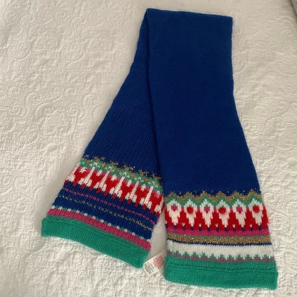 Mini Boden Kids Blue Fair Isle Knit Scarf Metallic Gold Accents‎ Size M Holiday